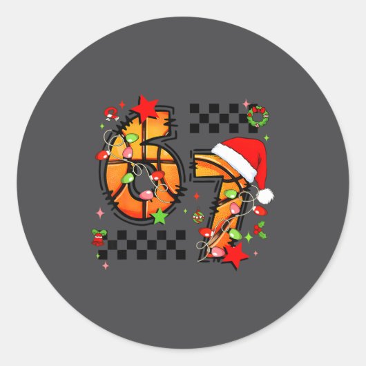 Checkered 67 Basketball Santa Hat Christmas Six Se ラウンドシール (正面)