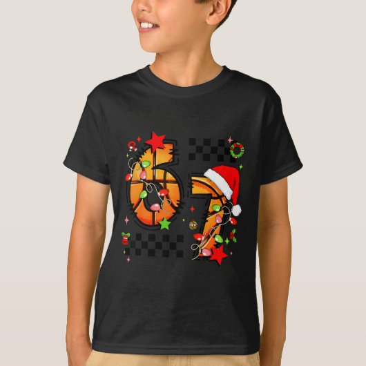 Checkered 67 Basketball Santa Hat Christmas Six Se Tシャツ (正面)