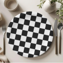 Checkered Black and White Pattern Birthday Party ペーパープレート