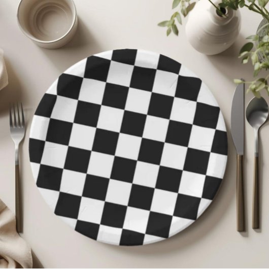 Checkered Black and White Pattern Birthday Party ペーパープレート