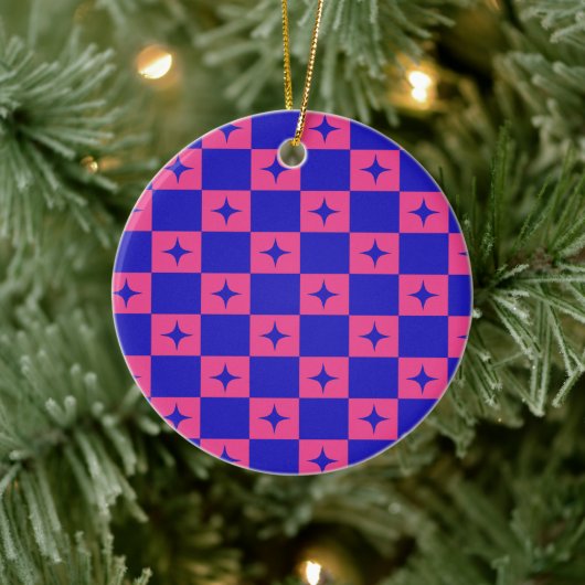 Checkered Blue & Pink Tile With Sparkles Pattern セラミックオーナメント (ツリー)