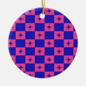 Checkered Blue & Pink Tile With Sparkles Pattern セラミックオーナメント (正面)