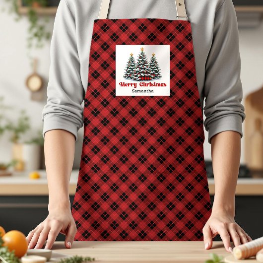 Checkered Buffalo Plaid Trees Personalized Xmas  エプロン