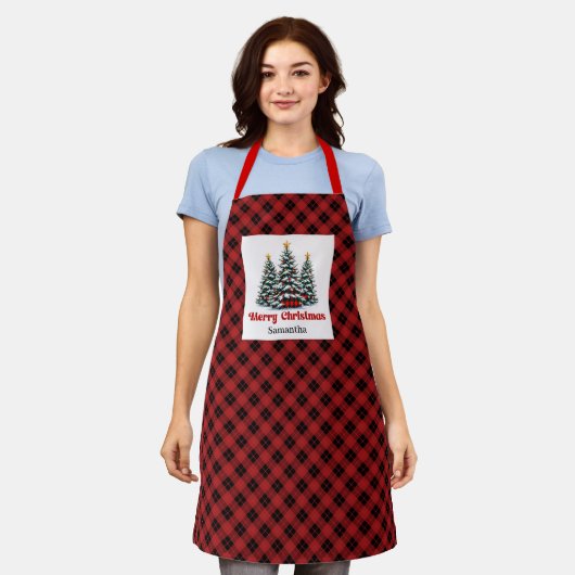 Checkered Buffalo Plaid Trees Personalized Xmas  エプロン (着用した状態)