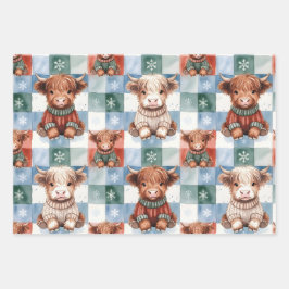 Checkered Christmas Highland Cow Red Green Blue  ラッピングペーパーシート