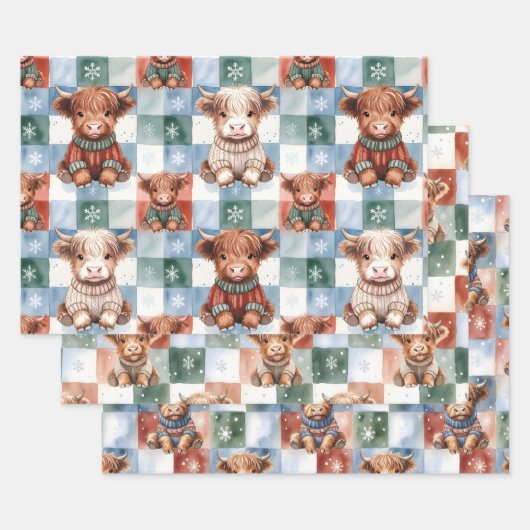 Checkered Christmas Highland Cow Red Green Blue ラッピングペーパーシート (セット)