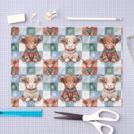 Checkered Christmas Highland Cow Red Green Blue  薄葉紙 (クラフト)