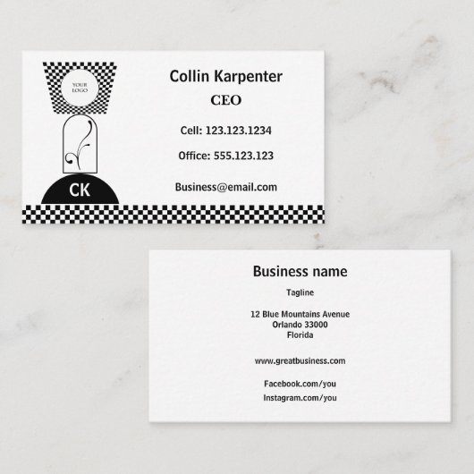 Checkered & Geometric Black White Shapes 名刺 (正面/裏面)