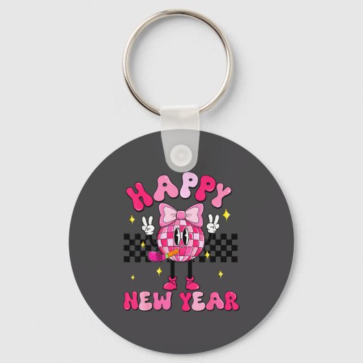Checkered Happy New Year 2026 Disco Ball New Year キーホルダー (正面)