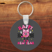 Checkered Happy New Year 2026 Disco Ball New Year キーホルダー (正面)