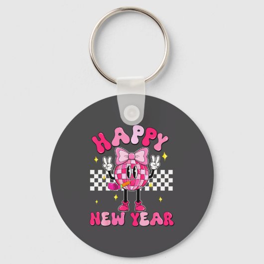 Checkered Happy New Year 2026 Disco Ball New Year キーホルダー (正面)