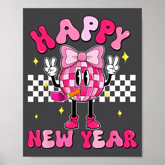 Checkered Happy New Year 2026 Disco Ball New Year  ポスター (正面)