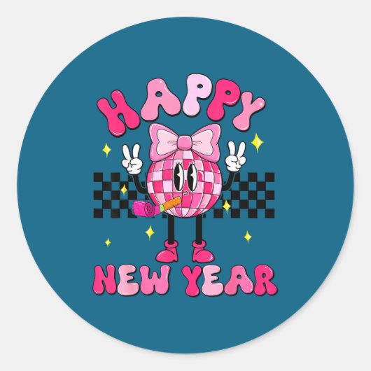 Checkered Happy New Year 2026 Disco Ball New Year  ラウンドシール (正面)