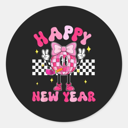 Checkered Happy New Year 2026 Disco Ball New Year ラウンドシール (正面)