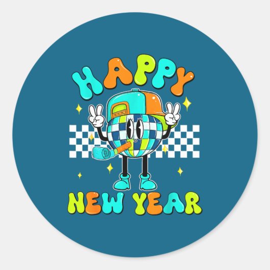 Checkered Happy New Year 2026 Disco Ball New Year  ラウンドシール (正面)