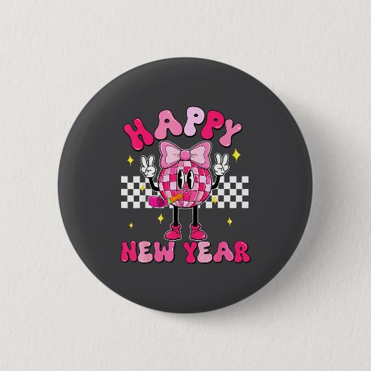 Checkered Happy New Year 2026 Disco Ball New Year  缶バッジ (正面)