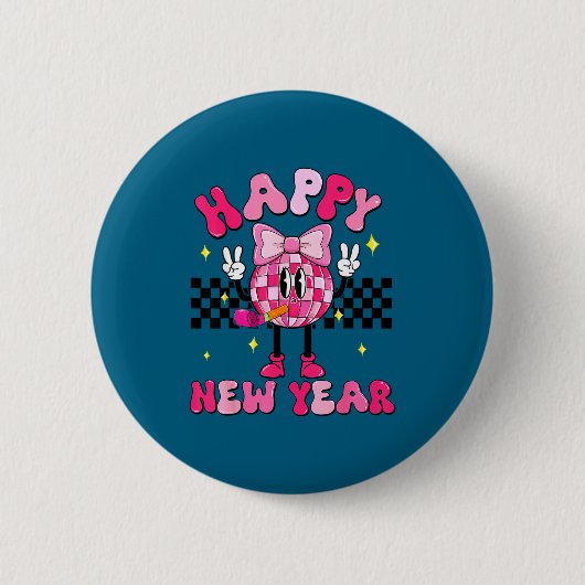 Checkered Happy New Year 2026 Disco Ball New Year  缶バッジ (正面)
