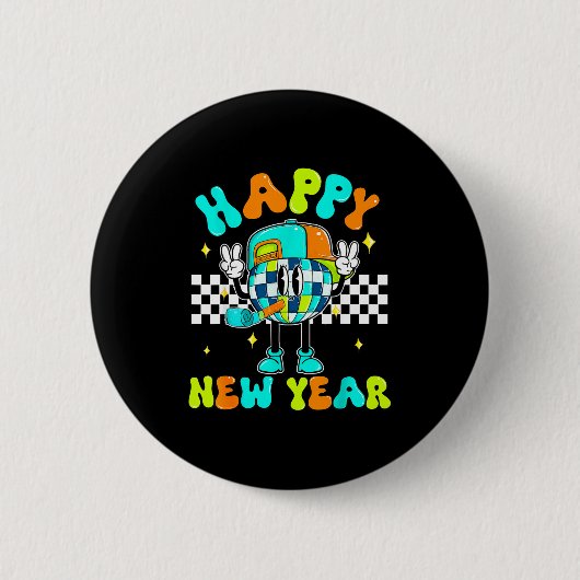Checkered Happy New Year 2026 Disco Ball New Year  缶バッジ (正面)