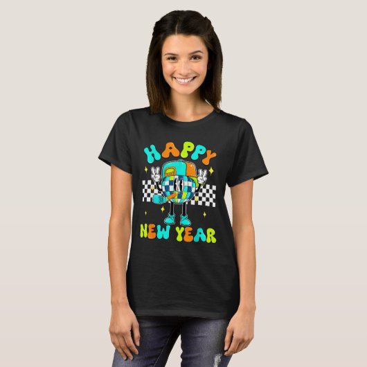 Checkered Happy New Year 2026 Disco Ball New Year Tシャツ (正面フル)
