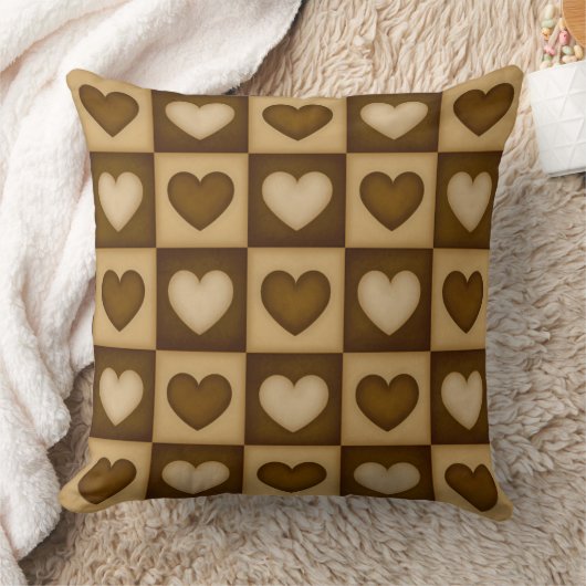 Checkered Hearts in Brown Toffee クッション (ブランケット)