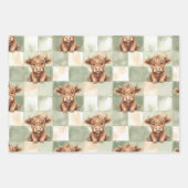Checkered Highland Cow pink green blue Gift Wrap ラッピングペーパーシート (正面3)