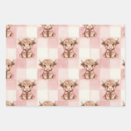 Checkered Highland Cow pink green blue Gift Wrap ラッピングペーパーシート