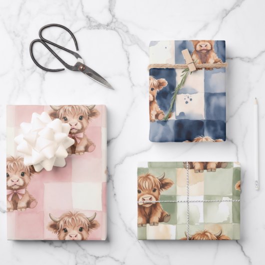 Checkered Highland Cow pink green blue Gift Wrap ラッピングペーパーシート (正面)