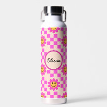 Checkered Hot Pink Smiling Flowers Custom Name