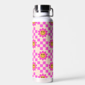Checkered Hot Pink Smiling Flowers Custom Name ウォーターボトル (背面)