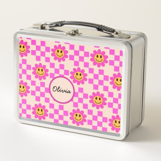 Checkered Hot Pink Smiling Flowers Custom Name メタルランチボックス (正面)