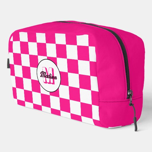 Checkered Hot pink white geometric retro Monogram ドップキット (右コーナー)