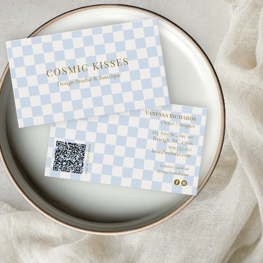 Checkered Ice Blue Cream QR Boutique Marketing 名刺
