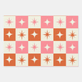 Checkered Mid Century Atomic Stars Pink Orange  ラッピングペーパーシート (正面3)