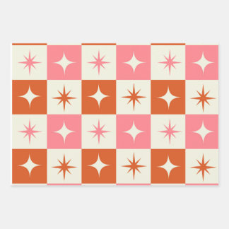Checkered Mid Century Atomic Stars Pink Orange  ラッピングペーパーシート