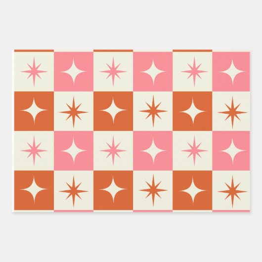Checkered Mid Century Atomic Stars Pink Orange  ラッピングペーパーシート (正面)