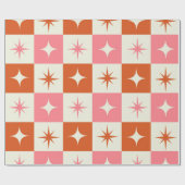 Checkered Mid Century Atomic Stars Pink Orange  ラッピングペーパー (フラット)