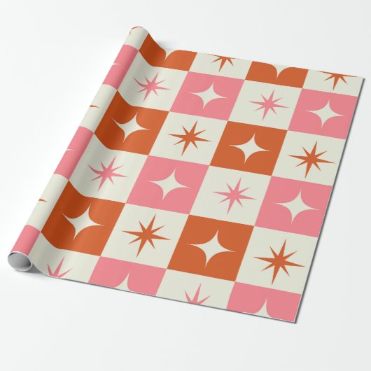 Checkered Mid Century Atomic Stars Pink Orange  ラッピングペーパー (アンロールド)
