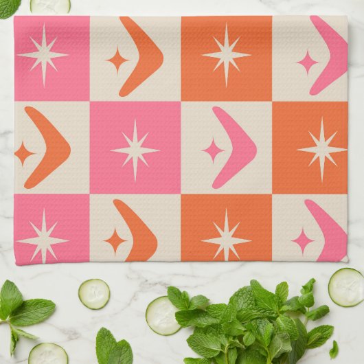 Checkered Mid Century Boomerangs pink and orange  キッチンタオル (折り畳み)