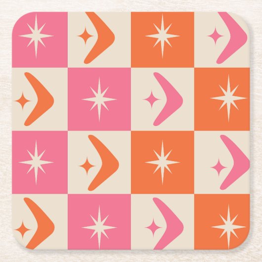 Checkered Mid Century Boomerangs pink and orange  スクエアペーパーコースター (正面)