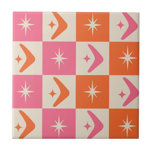 Checkered Mid Century Boomerangs pink and orange  タイル (正面)