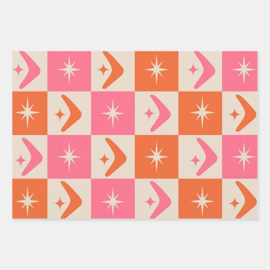 Checkered Mid Century Boomerangs pink and orange ラッピングペーパーシート (正面)