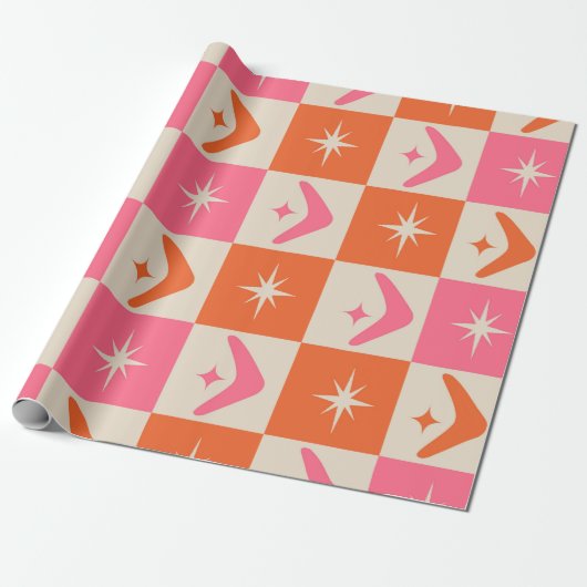 Checkered Mid Century Boomerangs pink and orange  ラッピングペーパー (アンロールド)