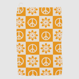 Checkered Orange Groovy Flowers and Peace Signs  ゴルフタオル