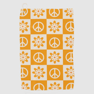 Checkered Orange Groovy Flowers and Peace Signs  ゴルフタオル