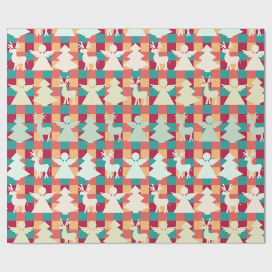Checkered pattern with angels, reindeers and trees ラッピングペーパー (フラット)