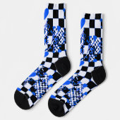 Checkered Pattern With Blue Hearts & Shapes ソックス (左)