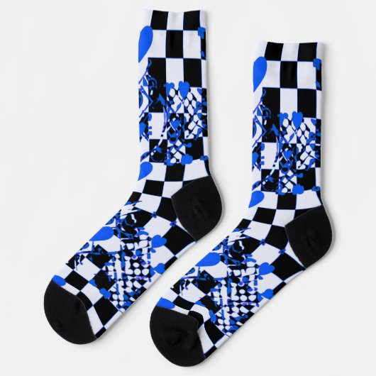 Checkered Pattern With Blue Hearts & Shapes ソックス (左)