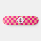 Checkered peach hot pink geometric retro Monogram スケートボード (横)