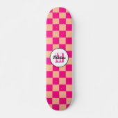Checkered peach hot pink geometric retro Monogram スケートボード (正面)