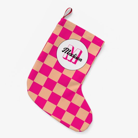 Checkered peach hot pink geometric retro Monogram スモールクリスマスストッキング (正面 (吊り時))